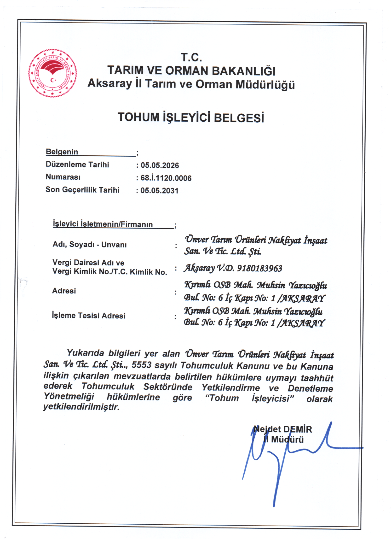 Ünver Tarım Fason Sertifikalı Tohum Üretimi Sertifikası